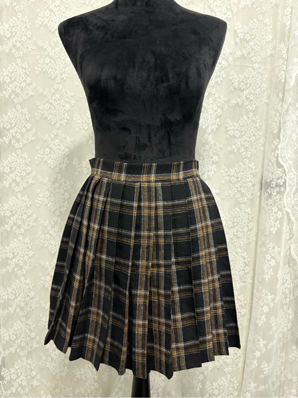 SHEIN Black and Brown Plaid Pleated Skater Skirt